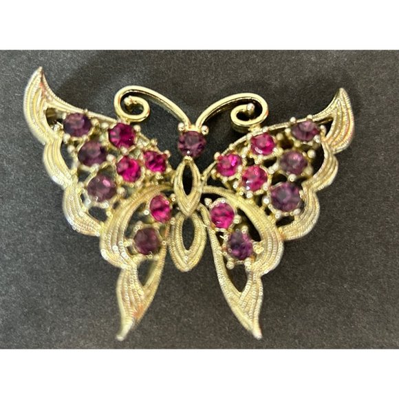 Gold Tone Butterfly Crystal Pink Purple Pin Brooch Vintage - Picture 1 of 4